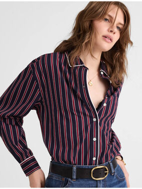 Madewell | NWT Striped Button Up Shirt Red Navy Poplin Relaxed | Sz XL